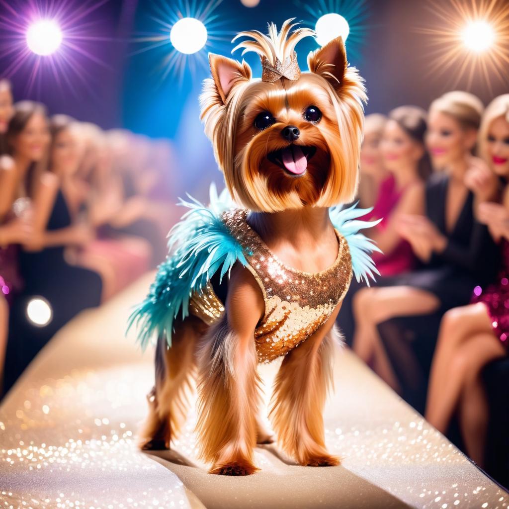 yorkshire terrier strutting down the fashion show catwalk stage in a sparkling sequined dress with a feathered boa, high energy and dramatic.