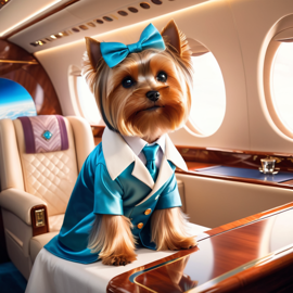 yorkshire terrier in a gulfstream private jet, dressed in elegant clothing, capturing a posh and magical moment.