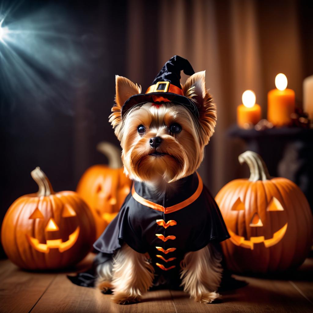 yorkshire terrier in a halloween costume with pumpkins and eerie decorations, highlighting their festive spirit.