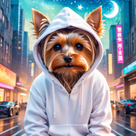 yorkshire terrier in a white hoodie, featuring a magical and ethereal urban setting with a cute and happy vibe.