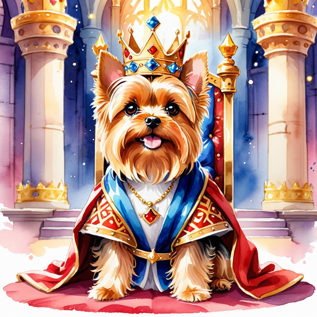 watercolor painting of yorkshire terrier as a king in a magical castle, wearing a crown and robe, seated on a throne.