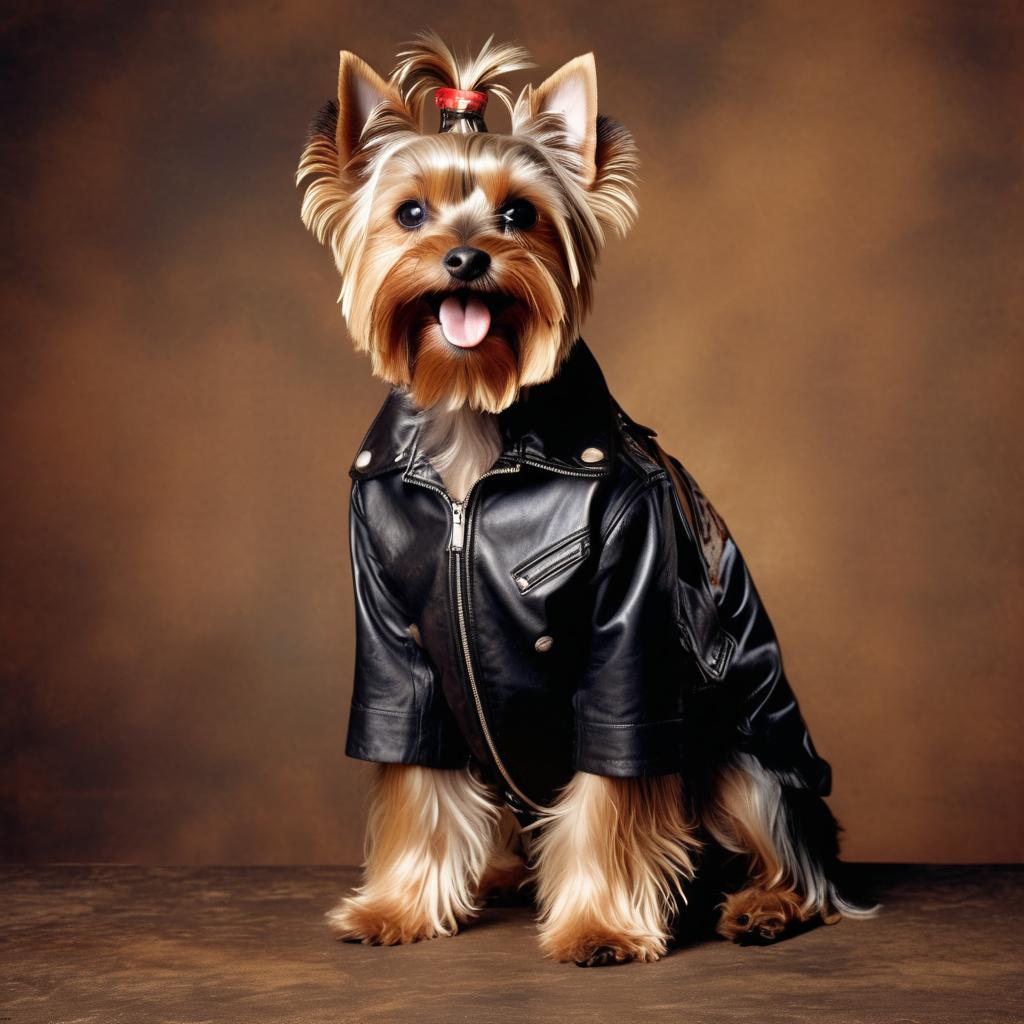 90s yearbook photo of yorkshire terrier in a leather jacket, full body, vintage background.