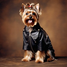 90s yearbook photo of yorkshire terrier in a leather jacket, full body, vintage background.