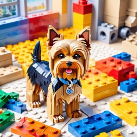 watercolor painting of yorkshire terrier as lego bricks, vibrant and detailed in a playful lego environment.