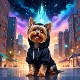 yorkshire terrier in a black hoodie, set in a magical urban environment with a celestial and cute appearance.