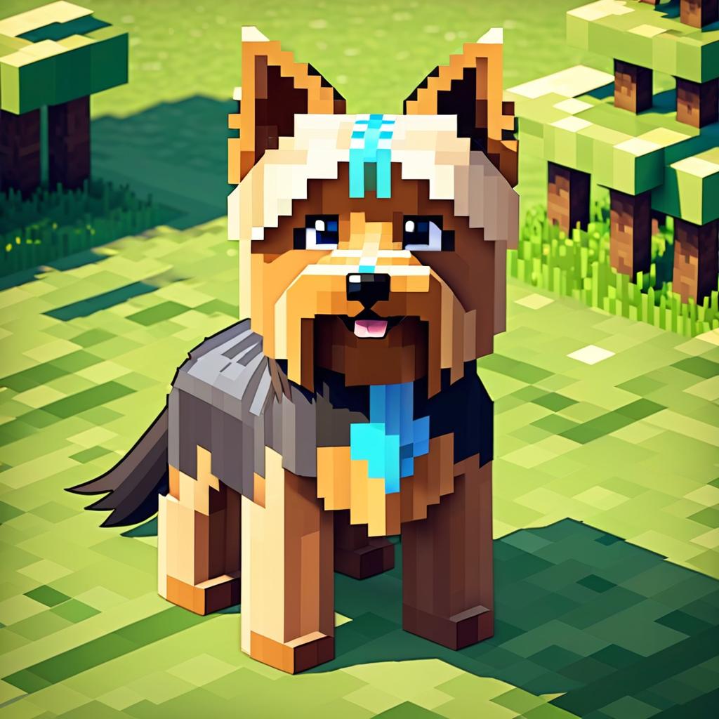 yorkshire terrier as a minecraft character in pixel graphics, capturing the charm of the blocky minecraft universe.