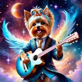 yorkshire terrier as a musician in an ethereal fantasy setting, playing guitar with a majestic and magical touch.