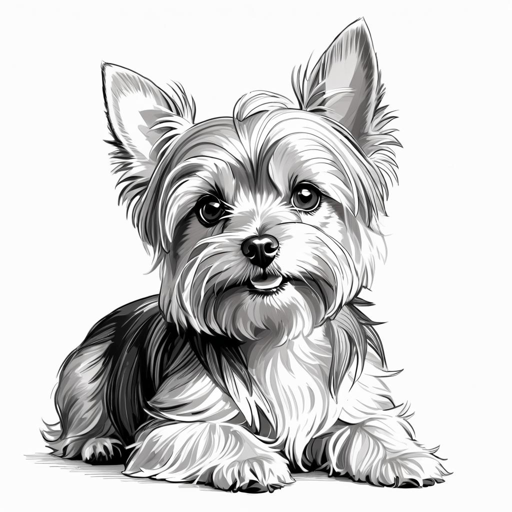 pencil sketch drawing of yorkshire terrier, detailed line art in black and white, capturing a timeless and elegant representation.