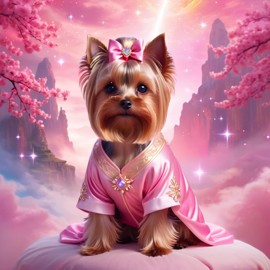 yorkshire terrier in pink clothing, set in a beautiful pink scene with a dreamy, magical vibe.