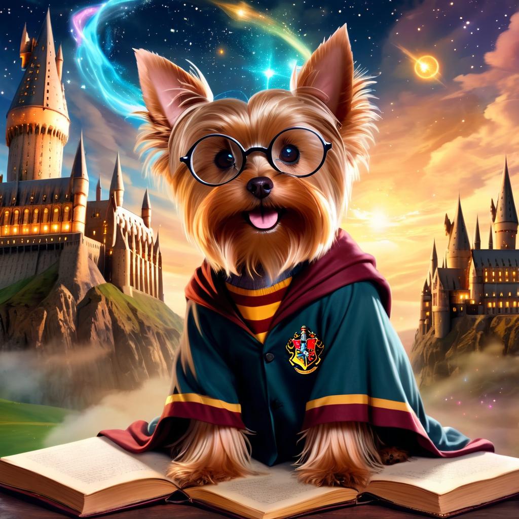 yorkshire terrier as harry potter, with glasses and a magical hogwarts setting, evoking a celestial and epic feel.