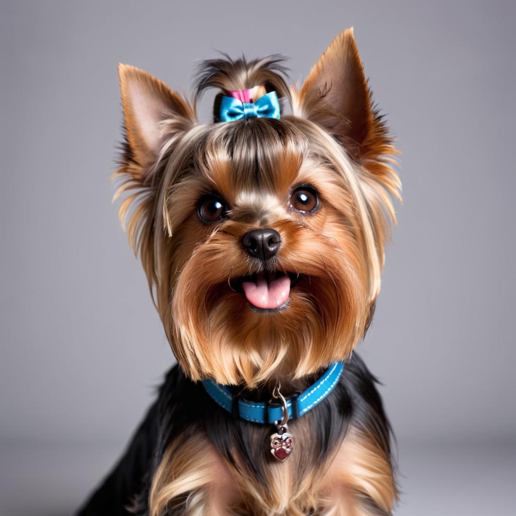 professional headshot of yorkshire terrier for a cv or linkedin, studio photo with diffused background.