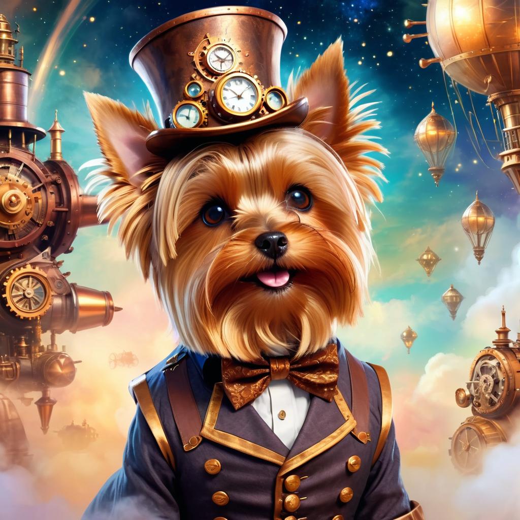 yorkshire terrier in a steampunk style, cute and happy, with a magical and painterly quality.