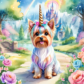 watercolor painting of yorkshire terrier as a unicorn in a vibrant fairytale setting, capturing a cute and happy scene with detailed illustration.