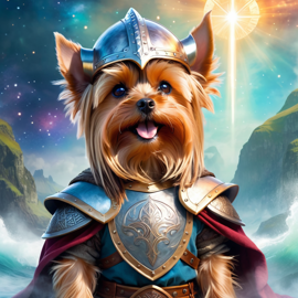 yorkshire terrier as a viking, wearing traditional armor and helmet, in a magical viking environment.