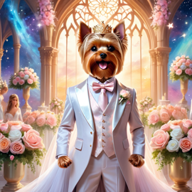 fantasy wedding art of yorkshire terrier in a beautiful wedding suit, set in a dreamy, magical environment, looking cute and happy.