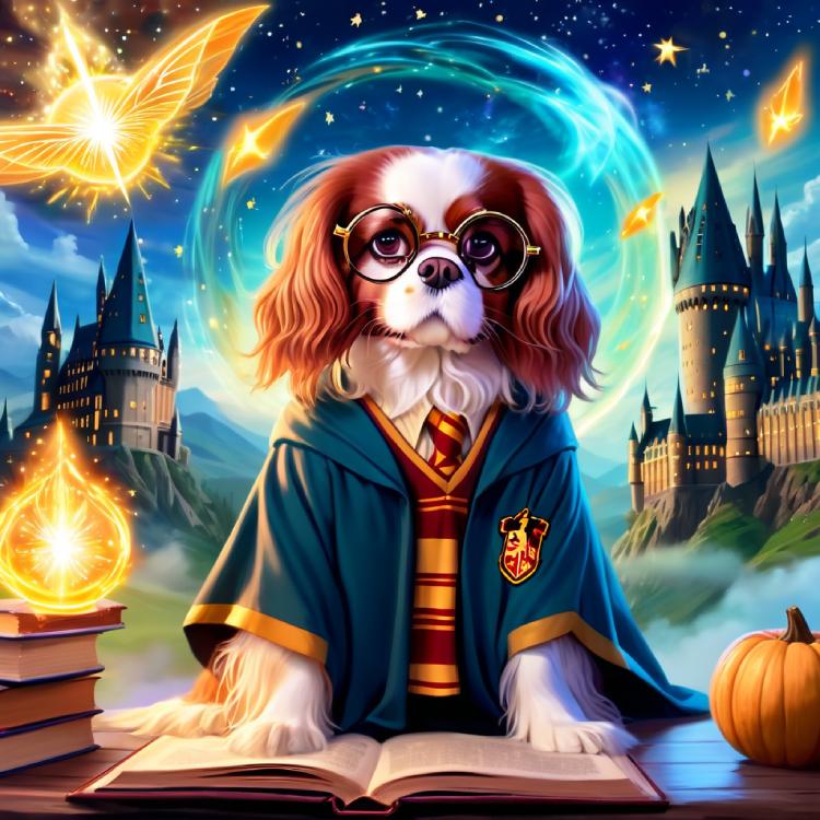 Magical portrait of Cavalier Spaniel as wizard student with spellbook and castle background