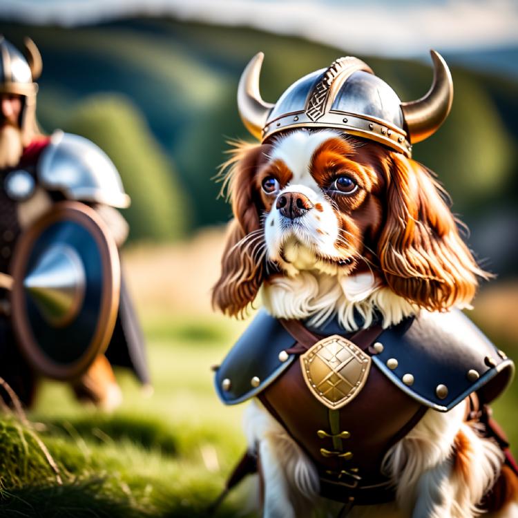 Viking warrior Cavalier Spaniel wearing silver helmet and armor in medieval landscape