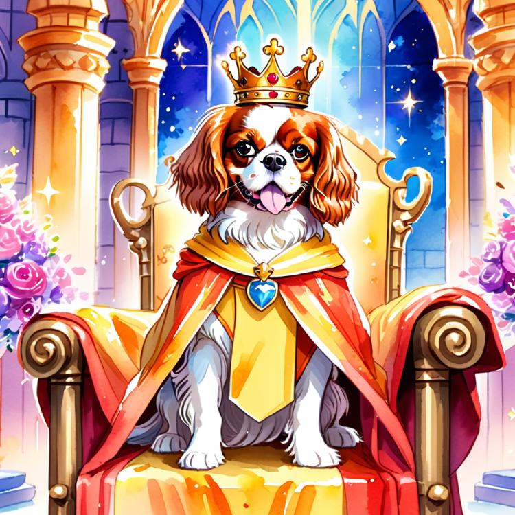 Royal Cavalier King Charles Spaniel with crown and cape on ornate throne