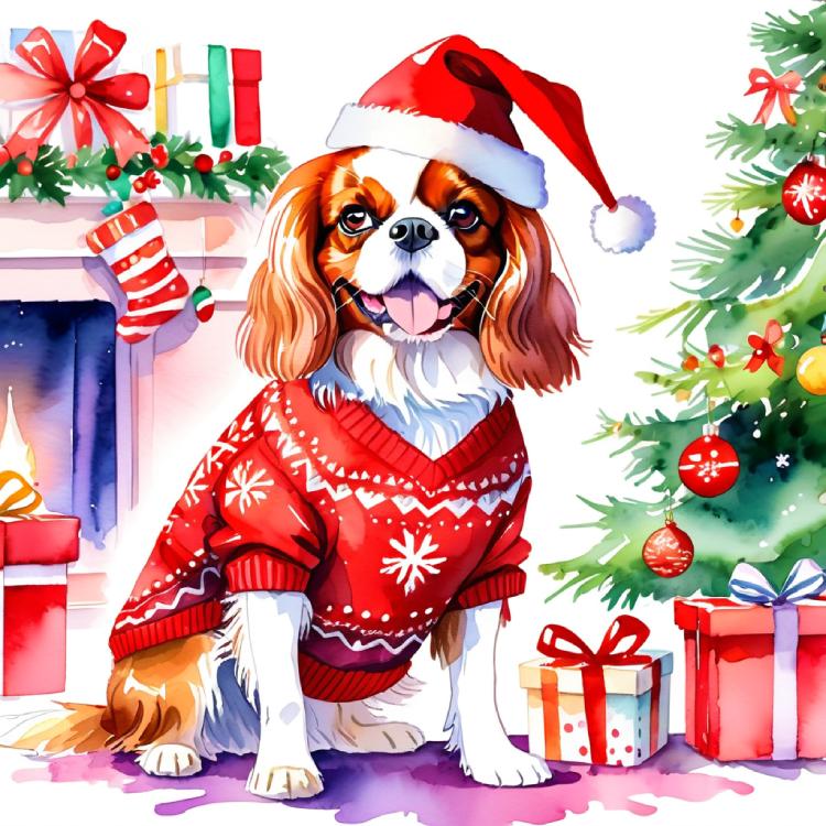 Festive Cavalier Spaniel in Christmas sweater and Santa hat with decorated tree