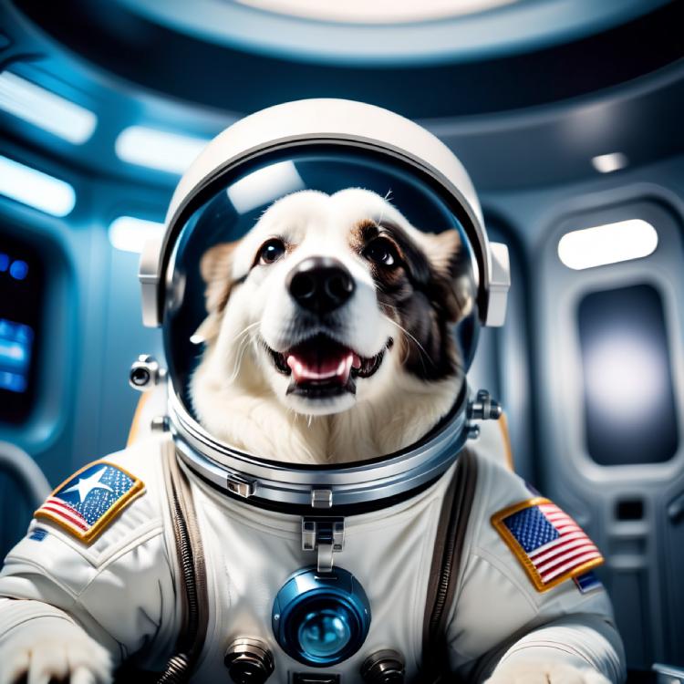 Spitz dog as astronaut wearing NASA spacesuit in spacecraft interior