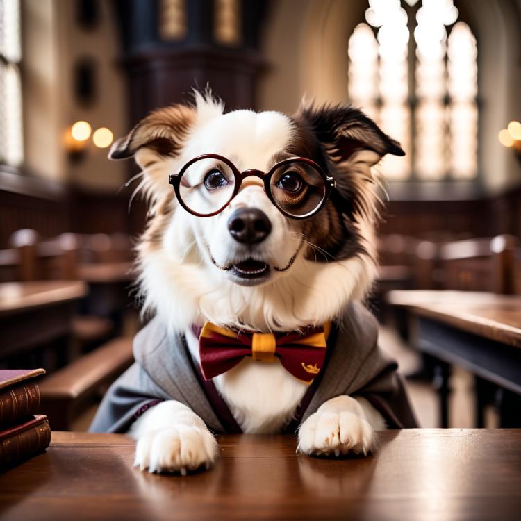 Scholar Spitz wearing round glasses, bow tie and academic robes in library setting