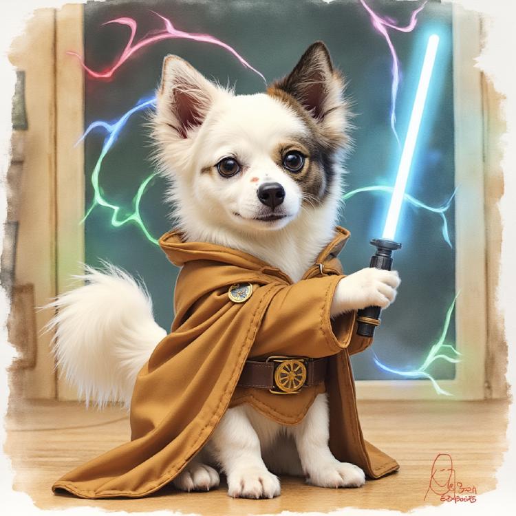 Jedi Spitz wielding blue lightsaber in brown robes with mystical energy effects