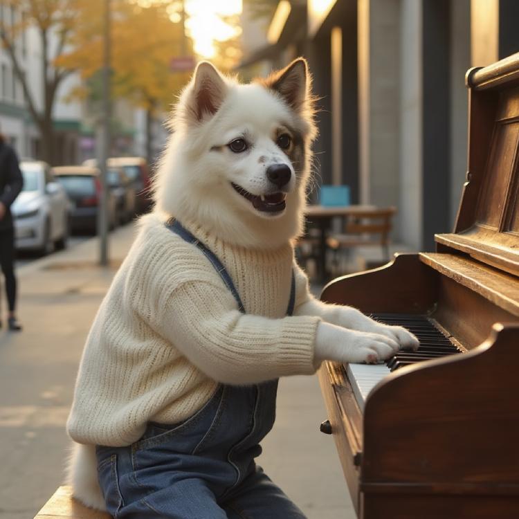 Spitz dog wearing cream sweater playing piano in urban street scene