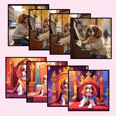 Four themed portraits of a Cavalier King Charles Spaniel dressed as Batman, Yoda, medieval king, and private jet passenger with captions