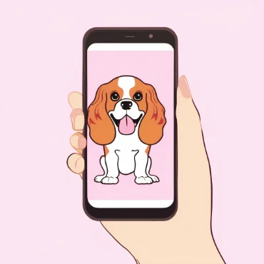 A hand holding a mobile phone with an image of a dog