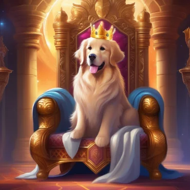 A golden retriever wearing a crown sits majestically on an ornate throne with a rich, royal backdrop.