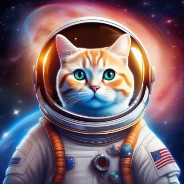 A cat wearing a spacesuit helmet floats in outer space with a colorful nebula and planets in the background.