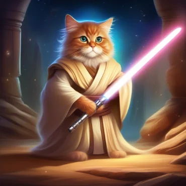 A cat dressed as a Jedi, holding a glowing lightsaber, stands in a mystical, ancient temple setting.