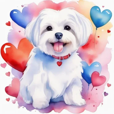 A happy Maltese dog with a red collar sits surrounded by colorful heart-shaped balloons and a watercolor background.