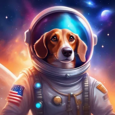 A dog wearing a spacesuit helmet floats in outer space with a vibrant cosmic background, featuring stars and nebulae.