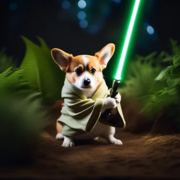 A corgi dressed as a Yoda, holding a glowing green lightsaber, stands in a lush, forest-like setting.