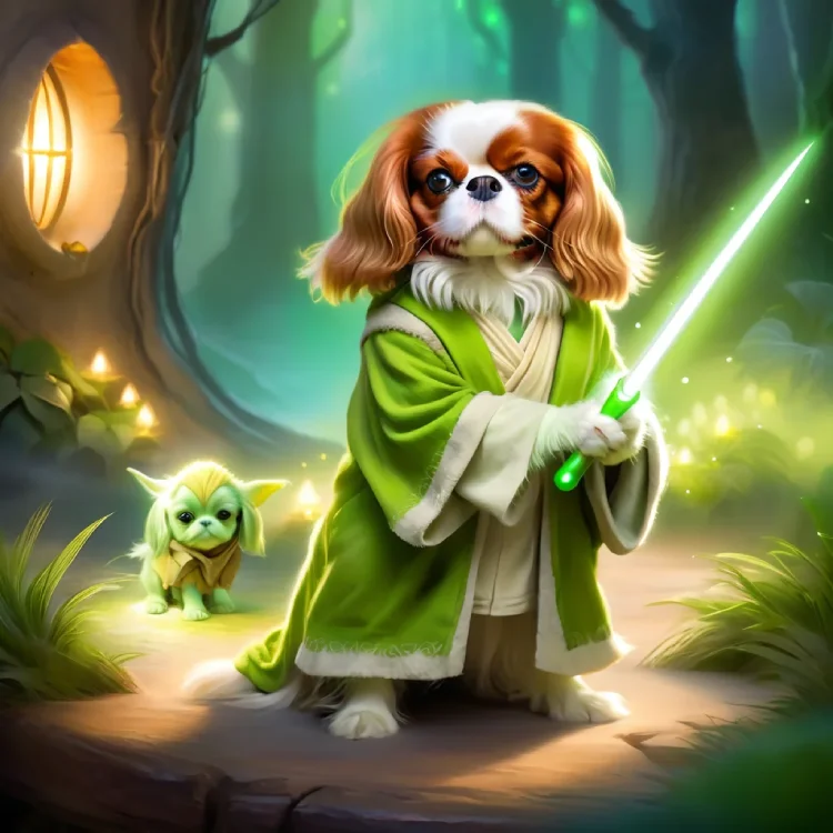 Cavalier King Charles Spaniel dressed as Yoda, holding a green lightsaber, set in a mystical forest