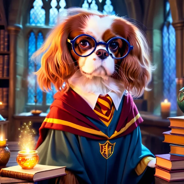 Cavalier King Charles Spaniel dressed as Harry Potter, wearing round glasses and red and gold robe, sitting in a magical library with books and potion bottles