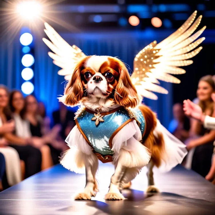 Cavalier King Charles Spaniel dressed in a sparkly outfit with golden wings, walking on a runway during a pet fashion show with an audience in the background.