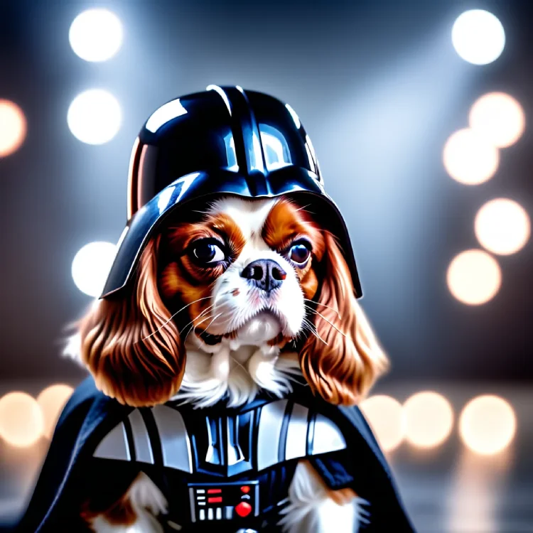 Cavalier King Charles Spaniel dressed as Darth Vader, wearing a black helmet and suit, with stage lights in the background.