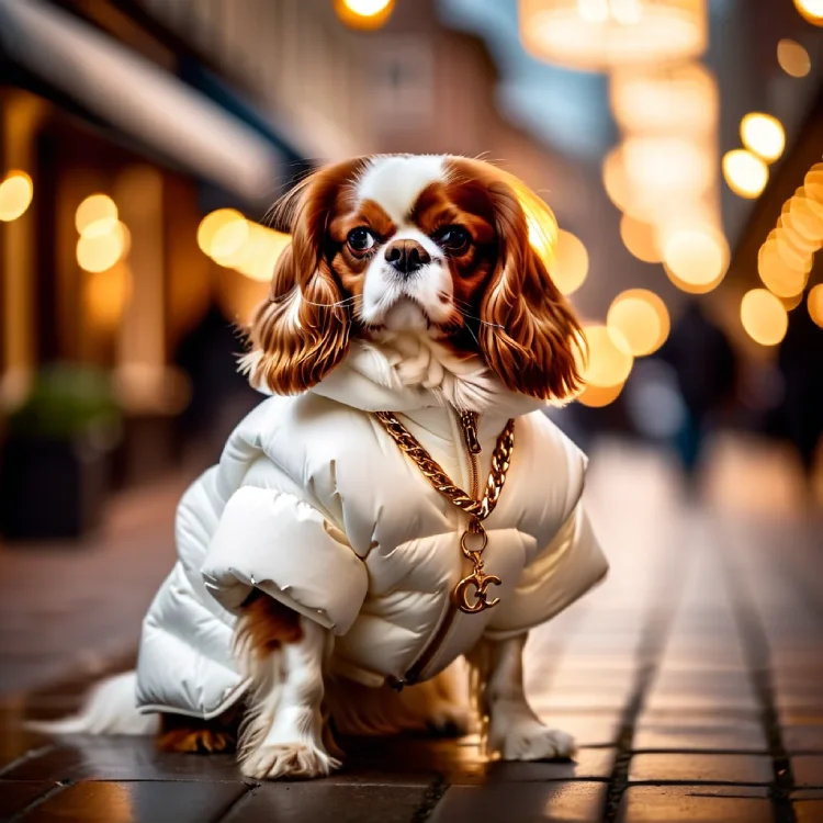 Cavalier King Charles Spaniel wearing a stylish white puffer jacket and a gold chain necklace, posing on a city street with blurred lights in the background.