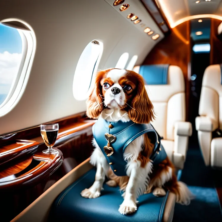 Cavalier King Charles Spaniel wearing a blue harness with a gold heart charm, sitting on a luxurious seat inside a private jet with a glass of champagne on the table.