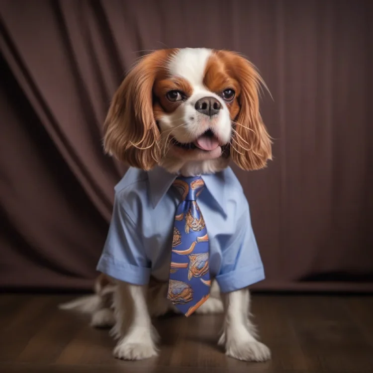 AI Yearbook photo of Cavalier King Charles Spaniel dressed in a blue shirt and patterned tie, sitting and posing against a brown draped background.