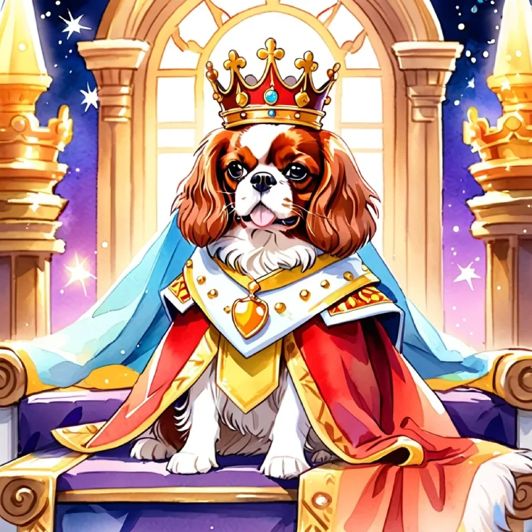 Cavalier King Charles Spaniel dressed as a royal king, wearing a golden crown, red and gold robe, and sitting on a throne in a grand, illuminated palace.