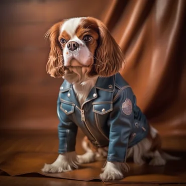 A Cavalier King Charles Spaniel wearing a blue denim jacket, sitting on a wooden floor with a brown background.