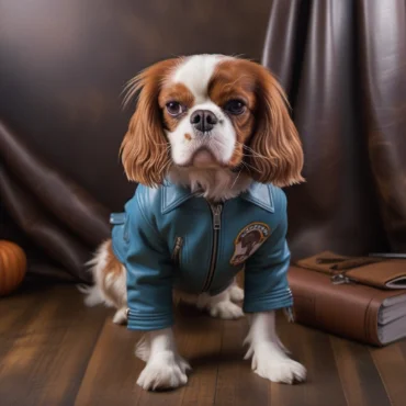 A Cavalier King Charles Spaniel wearing a blue jacket with a patch, sitting on a wooden floor with a dark background.