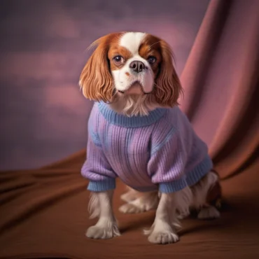 A Cavalier King Charles Spaniel wearing a blue sweater with blue accents, sitting in front of a brown and purple backdrop.