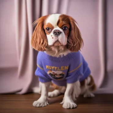 A Cavalier King Charles Spaniel wearing a blue sweater with 'HUYY LEN' text, sitting in front of a curtain.