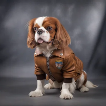 A Cavalier King Charles Spaniel wearing a brown leather jacket with a patch, sitting in front of a gray backdrop.