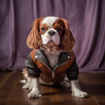 A Cavalier King Charles Spaniel wearing a leather jacket, sitting on a wooden floor with a purple curtain in the background.