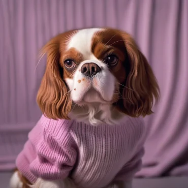 A Cavalier King Charles Spaniel wearing a light pink sweater, sitting in front of a purple curtain, looking serious.